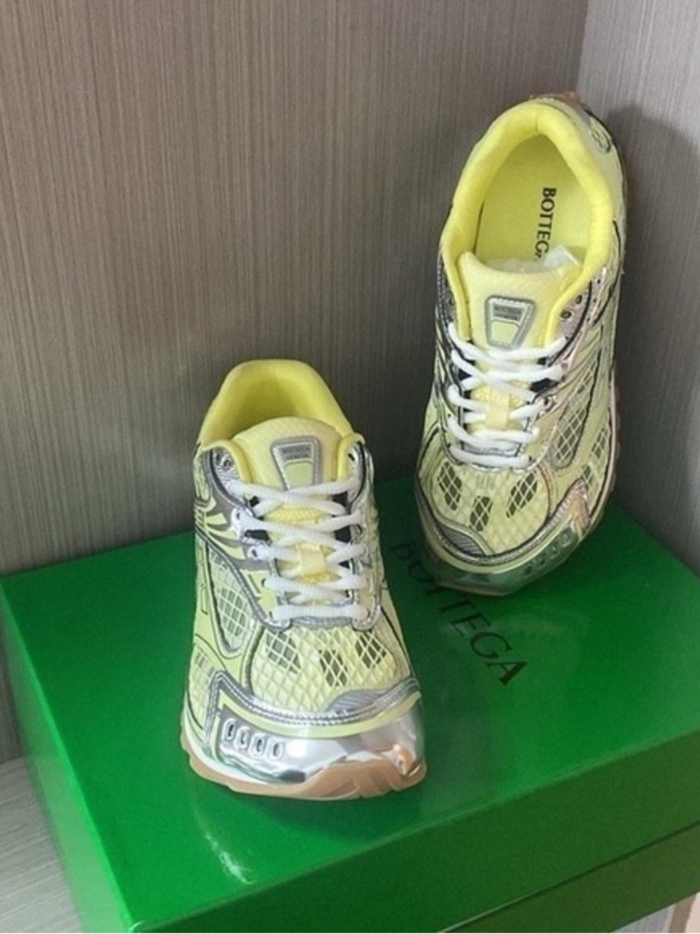 Bottega Veneta Women’s Neon Yellow and Silver Lace-Up Sneakers
